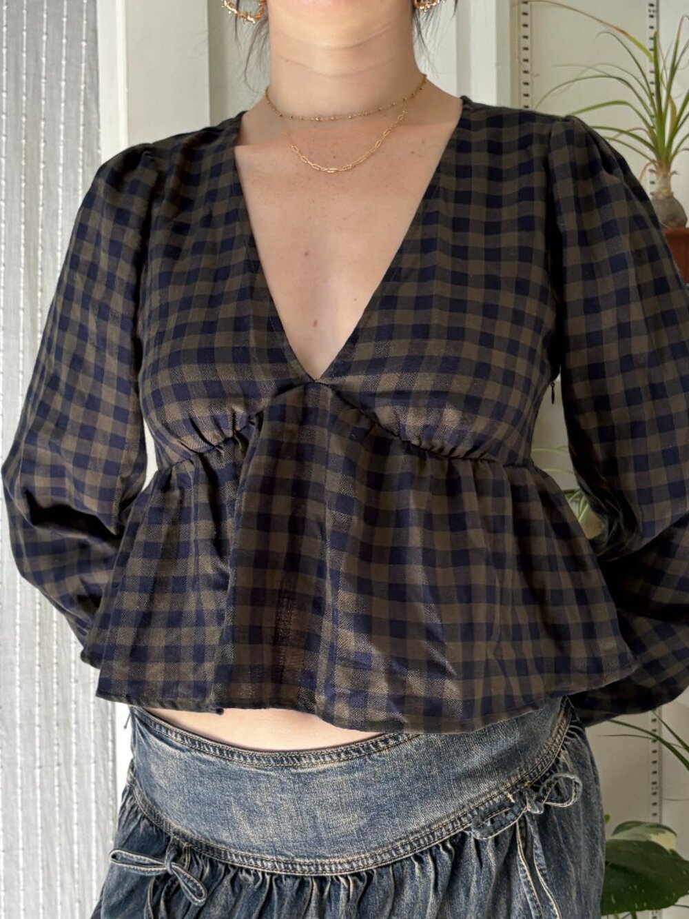 Gingham Babydoll Long Sleeve Top - M